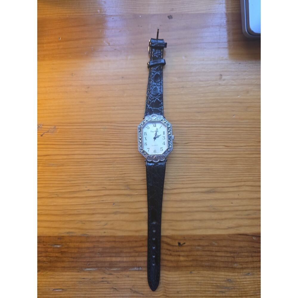 Pierre Nicole Octagon Quartz Wristwatch Silver White Dial Black Leather Strap